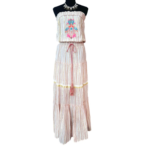 VENUS Dresses & Skirts - VENUS ~ Creams, Pinks, and Golds Embroidered Lace Glitter Tube Top Maxi Dress